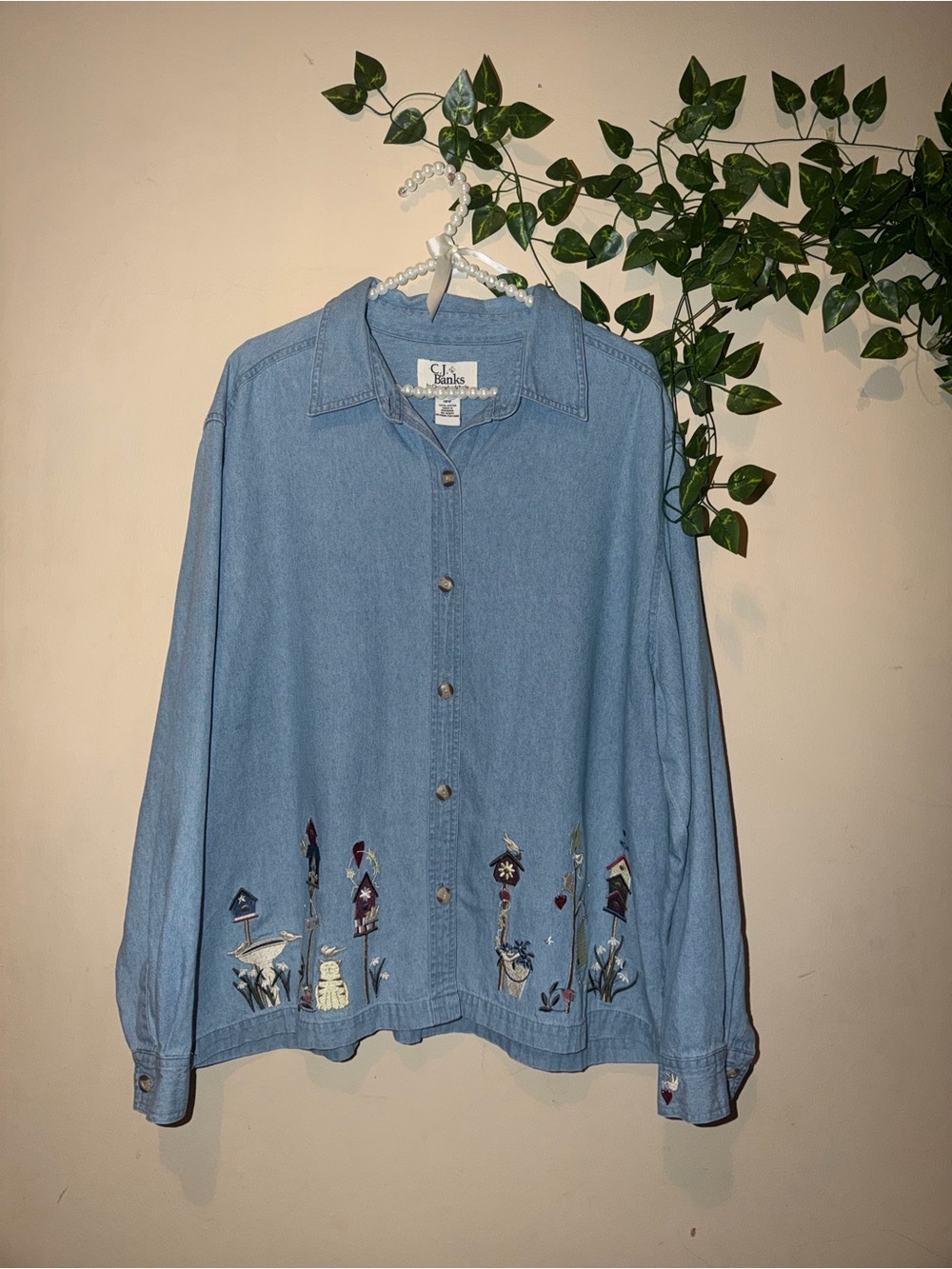 VINTAGE Christopher & Banks Light Blue Embroidered Denim Shirt Jacket